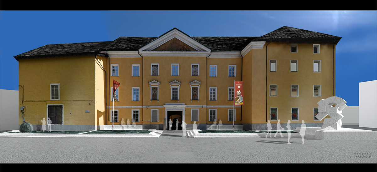 Render di piazza Roncas secondo il progetto di Gio' Pomodoro